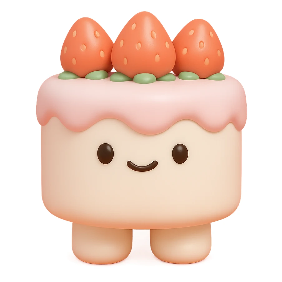 white cake with strawberries on top, vinyl figure style sticker