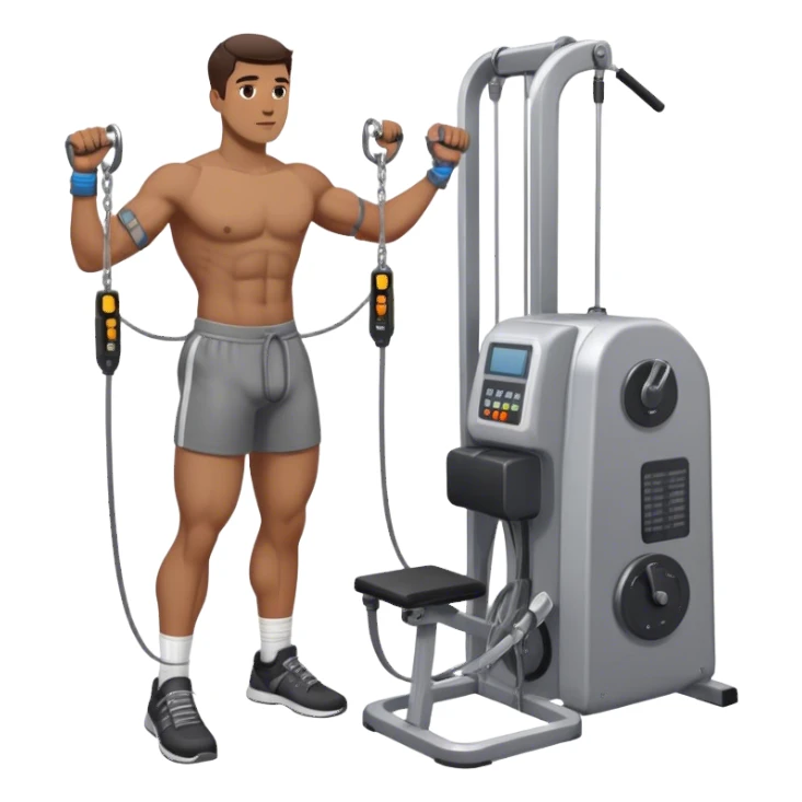 guy standing next to cable-machine with cable tied to ankle-cuffs for leg-side-raise exercise sticker