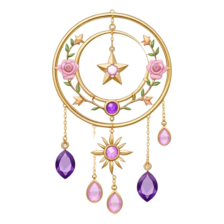 Epic beautiful gorgeous cute gold suncatcher, threads with shiny sparkly amethyst and rose-quartz gemstones, flowers, crescents-moons, stars sticker