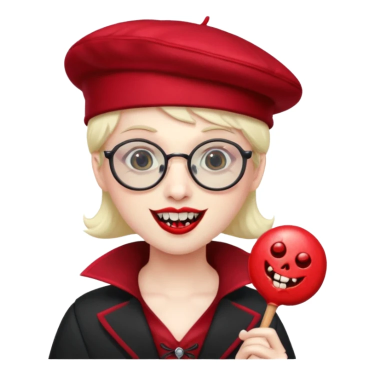Vampire with lollipop, beret and glasses, teeth looks like vampire sticker