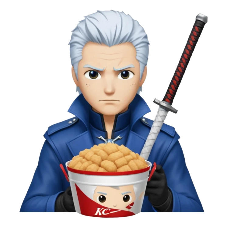 Vergil from Devil May Cry sitting in a KFC bucket, blue coat, white hair, katana sticker