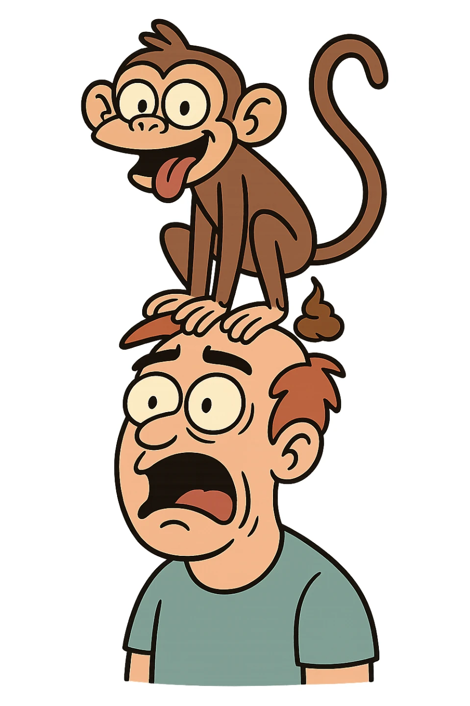 silly monkey pooping on a shocked man's head, cartoon style, lighthearted and funny, no background sticker