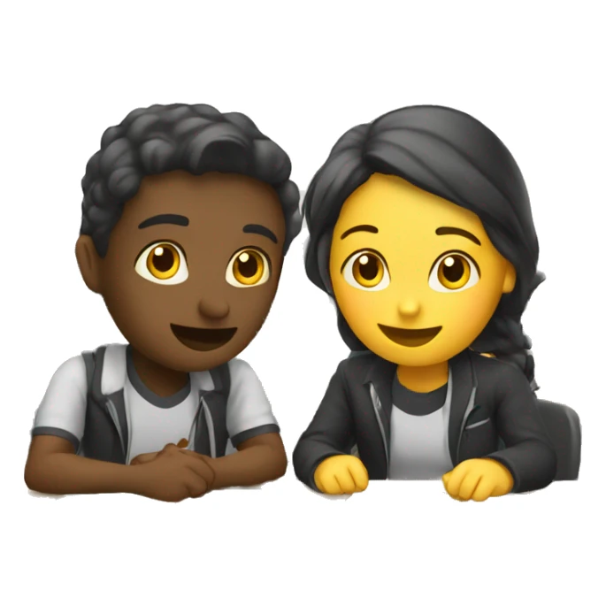 2 students sitting at desks and speaking to each other. sticker