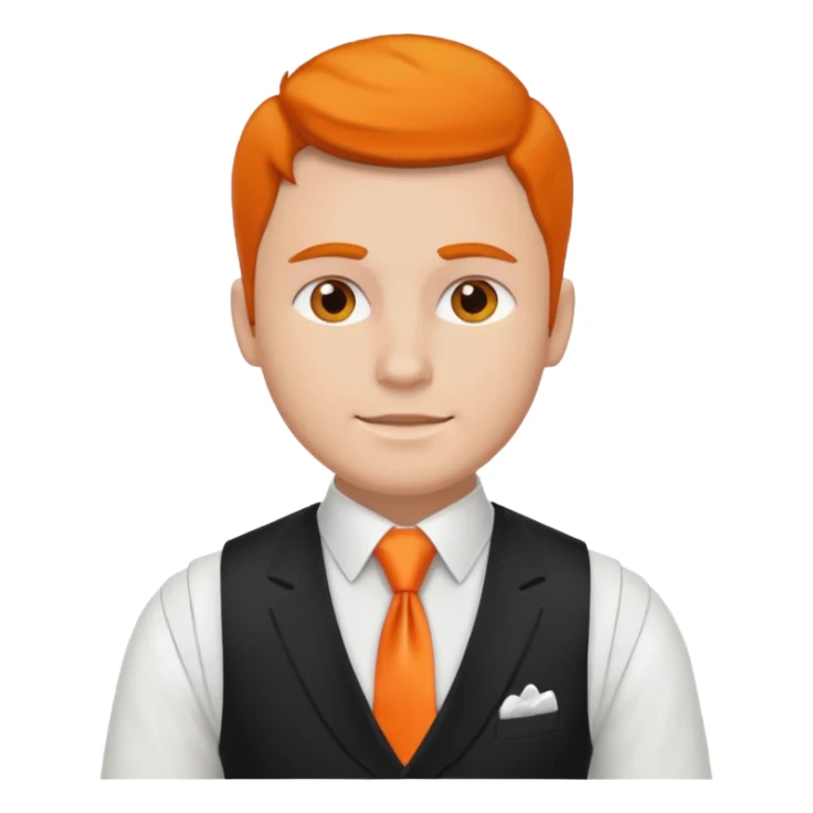 groom in white vest, orange tie sticker