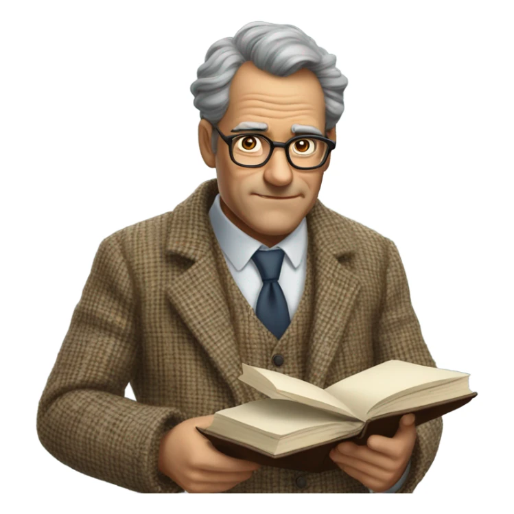 "A middle-aged man with glasses, a regretful expression, and a book or chalk in hand. Wears a tweed jacket." sticker