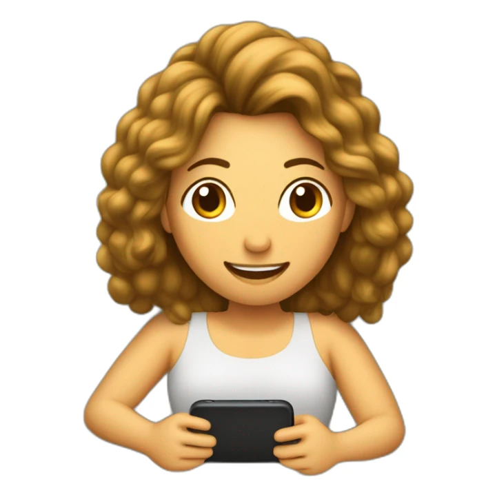 Mujer blanca de pelo castaño  delgada  chateando en un celular  sentada en una sofá sticker