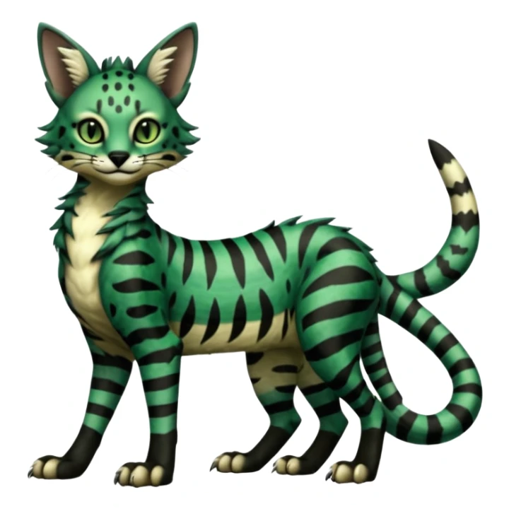 Epic complex detailed dark-deep-green, black, realistic aesthetic-Fakémon-Sprigatito-Floragato-Meowscarada-Trico-Sergal-Serval-Vernid-creature (full body) sticker