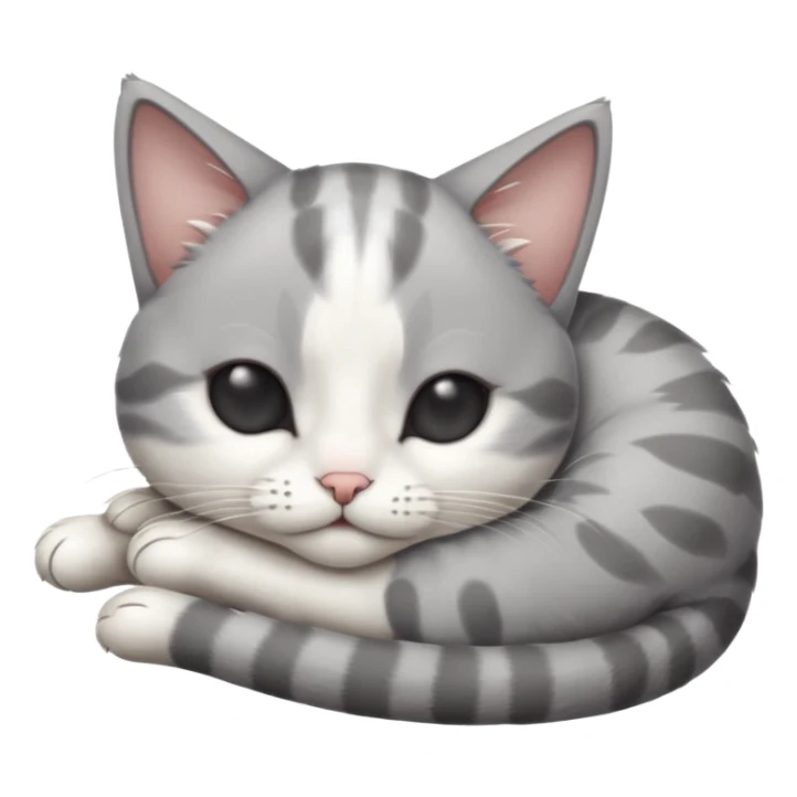 grey and white small cat with eyes closed lying down with its head resting own paw sticker