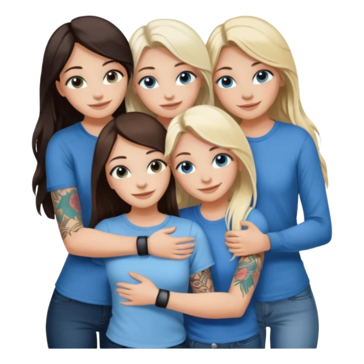 four white girlfriends hugging and smiling    2 women with brown eyes and long dark  hair. Two women with blue eyes and light blonde hair. They like tattoos and getting in trouble  sticker