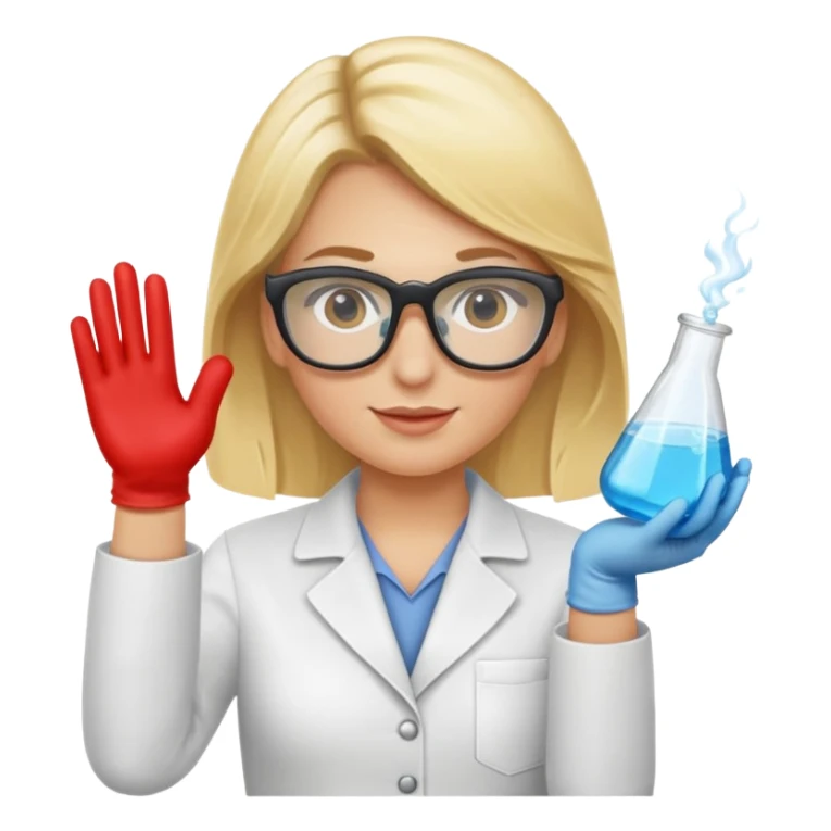 Eine hellblonde Chemikerin mit Kittel, Handschuhen, großer Labor-Sicherheitsbrille und typischem Erlmeyerkolben in der Hand, weißer Hintergrund sticker