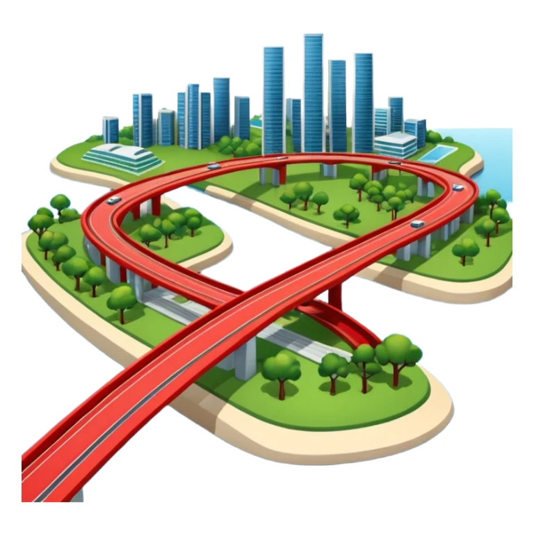 advanced modern island with advanced infrastructure, parks, contemporart buildings, and with a red bridge on one side sticker