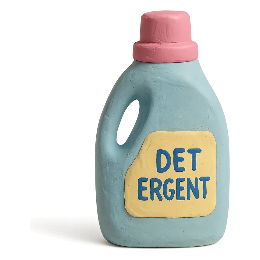 bottle of detergent in claymation style, pastel colors, visible fingerprints, soft matte finish sticker