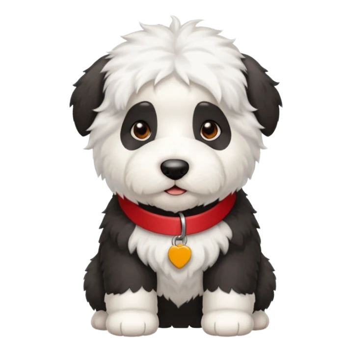 Crea un emoji de un perrito bebé  sheppdog english old con un collar rojo y que la placa diga Rocky sticker
