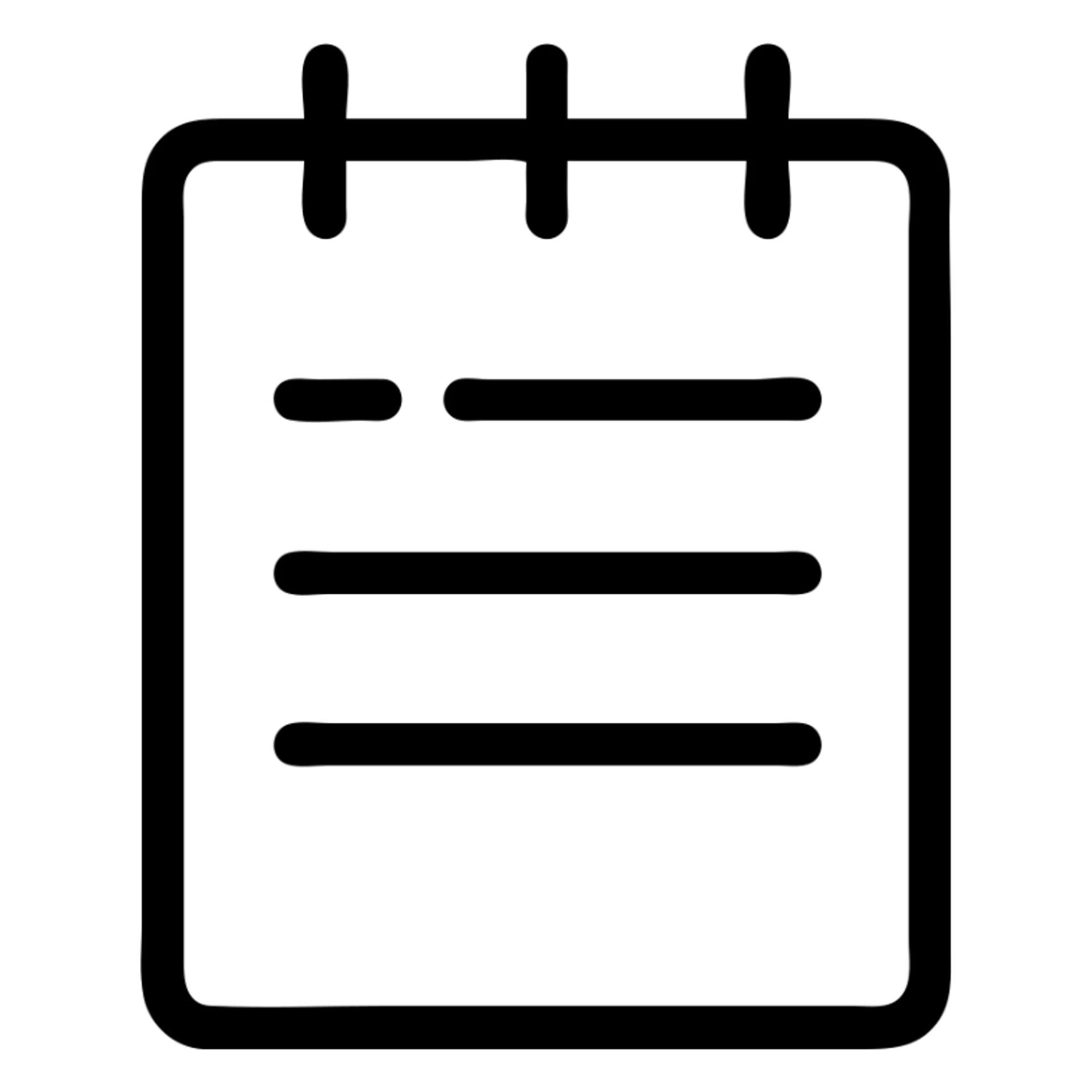 minimalistic bold white line icon in Netflix UI style, notepad with three dashes and horizontal lines, clean geometric lines, perfectly readable at small sizes sticker