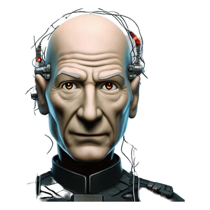 Jean luc picard from Star Trek assimilated by the Borg, with mechanical metal covering the left side of his face, with wires and a red light on the left side. His eyes are blue sticker