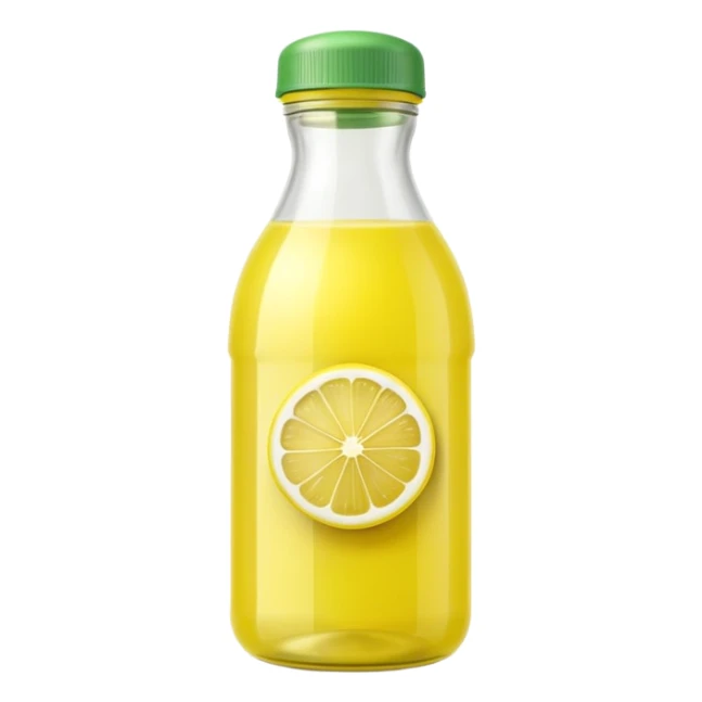 lemon juice bottle, transparent, pale yellow juice, lemon-shaped or curved plastic, light translucent, green or yellow cap, clean minimal, no branding, no glass, no lemon slices, no background, no faces, clean 3D, soft shadows, transparent background, emoji scale sticker