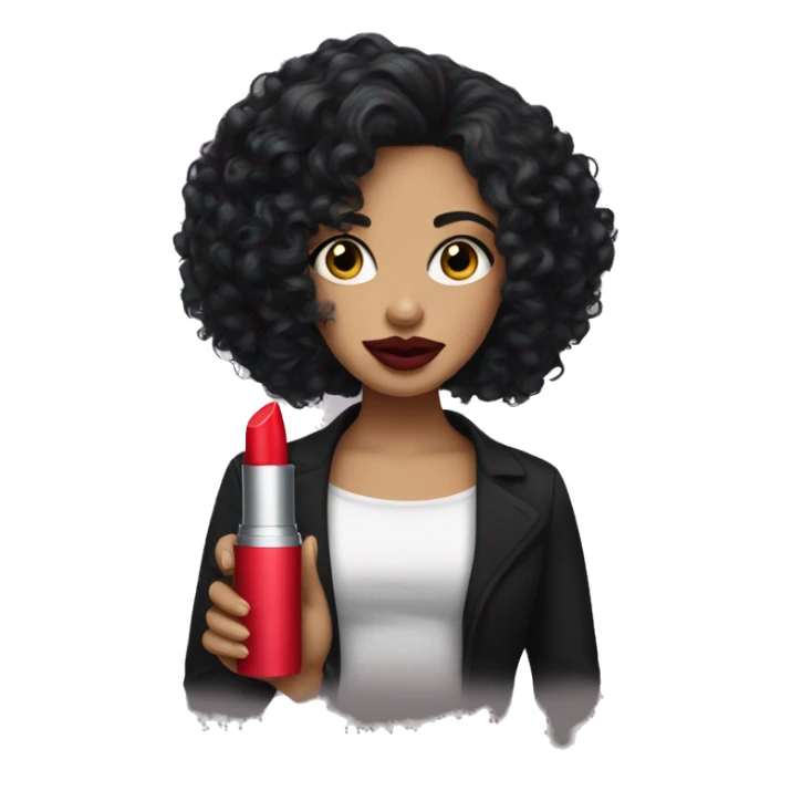 White curl, curly long black hair holding her lipstick lips sticker