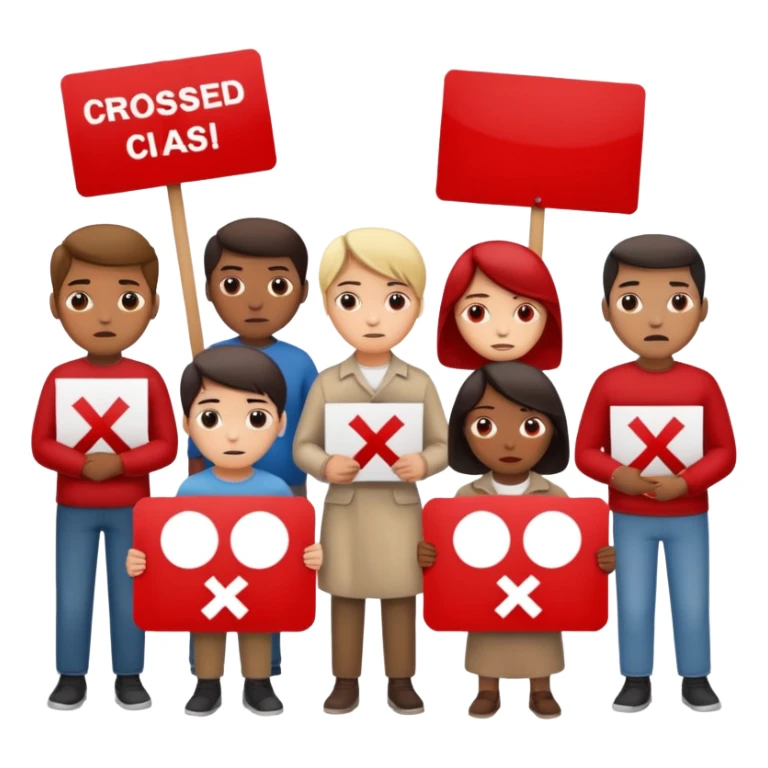 a crowd of people with unhappy faces and holding placards on which everything is crossed out in red sticker