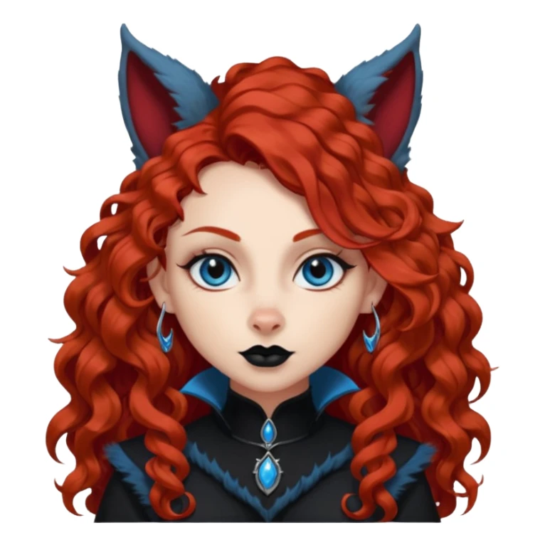  long curly red hair (darker), red pointed ears with black trim, black goth outfits, body and face human, blue eyes, more pointy chin, black lipstick, one big fluffy red squirrel tail with black tips, like the attached photo with more outfits and poses,  sticker