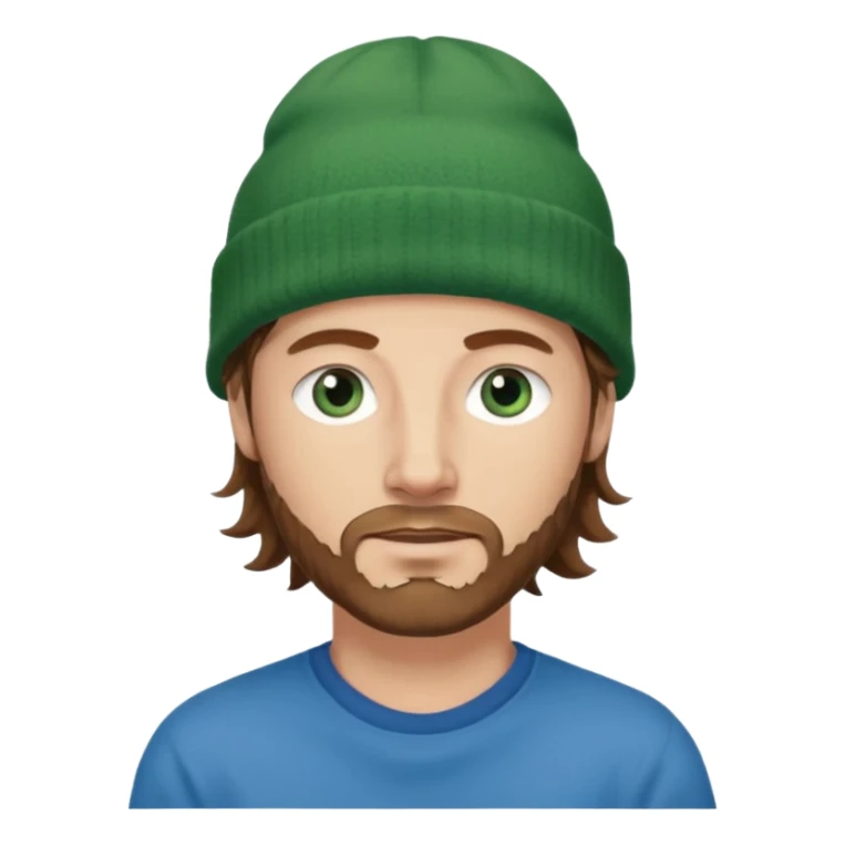white man
aged 40
Blue eyes, 
mid length brown wavy hair
Green beanie hat sticker
