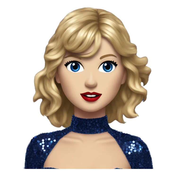 Realistic Taylor swift wearing navy blue glittery sequin bodysuit with tassels and gems and long hair with red lipstick and blue eyes  sticker