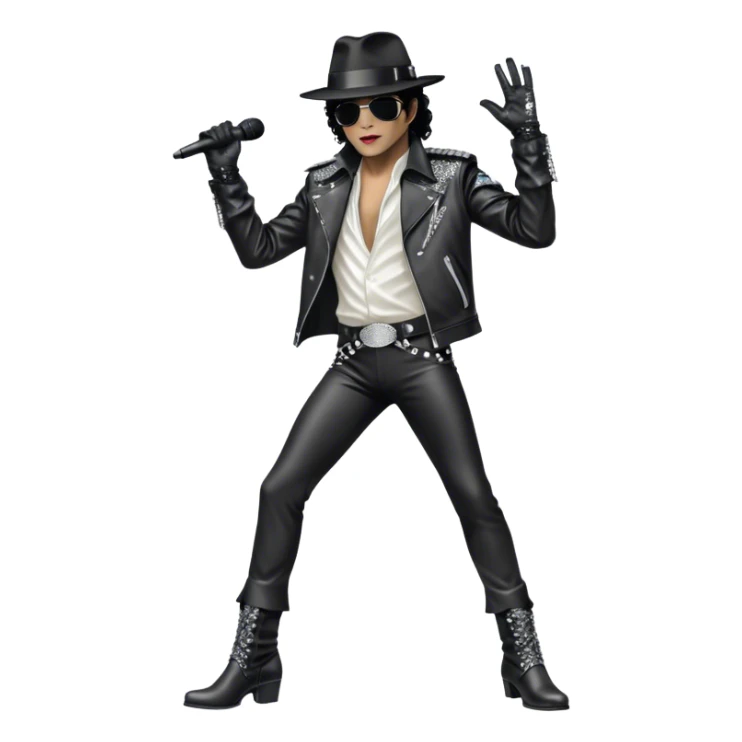 Icon for R&B Music: Michael Jackson on stage with microphone on the stand in full body, wearing his iconic concert costume—black leather jacket, sequined glove, fedora, and boots. He strikes a powerful pose, embodying the energy of R&B music. Transparent background. sticker