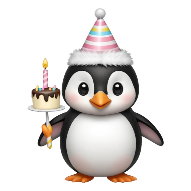 cute penguin with birthday hat hold a birthday cake in arms sticker