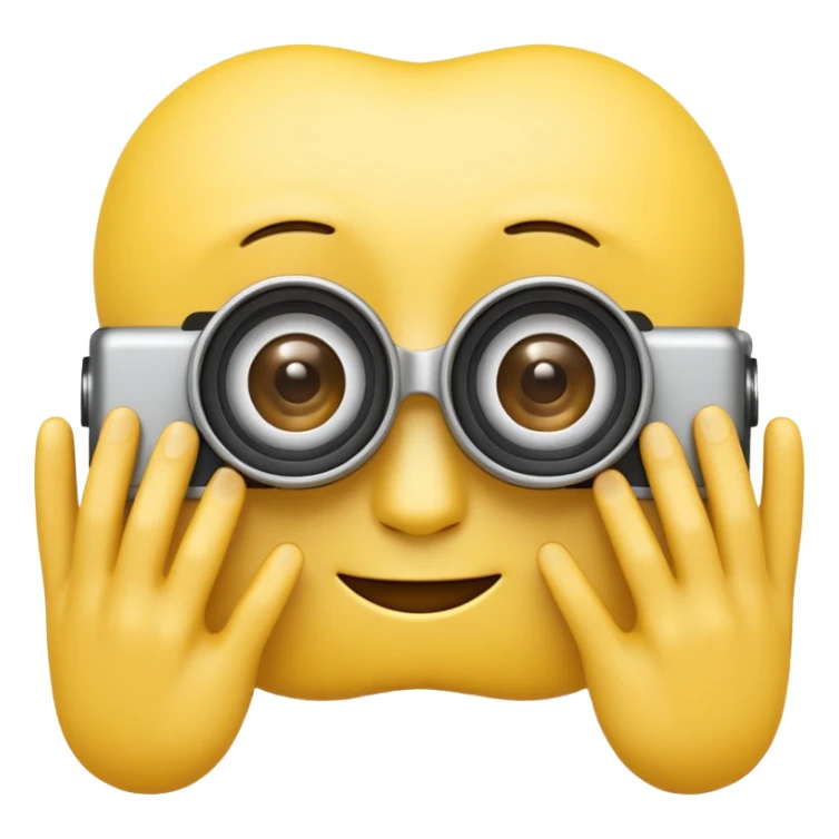A 3D Apple-style yellow emoji character, classic round shape, using both hands to form a rectangular “camera frame” in front of its face, fingers extended and slightly curved, focused expression with raised eyebrows, cartoonish eyes looking through the frame, clean minimal background sticker