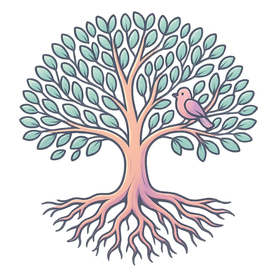 Create a more volumetric tree symbolizing family history and a genealogical tree, with enhanced shadows and highlights, detailed branches, leaves, and roots as in the reference. Use thin clean contours, soft rounded shapes, and a pastel palette including #98B5BC, #B5B3C1, #C9A3C9, #E4C0CA, #F7DCD1, #F7C0AA. The style should reflect modern Japanese pop-art and sticker aesthetics with soft lighting and a transparent background. sticker