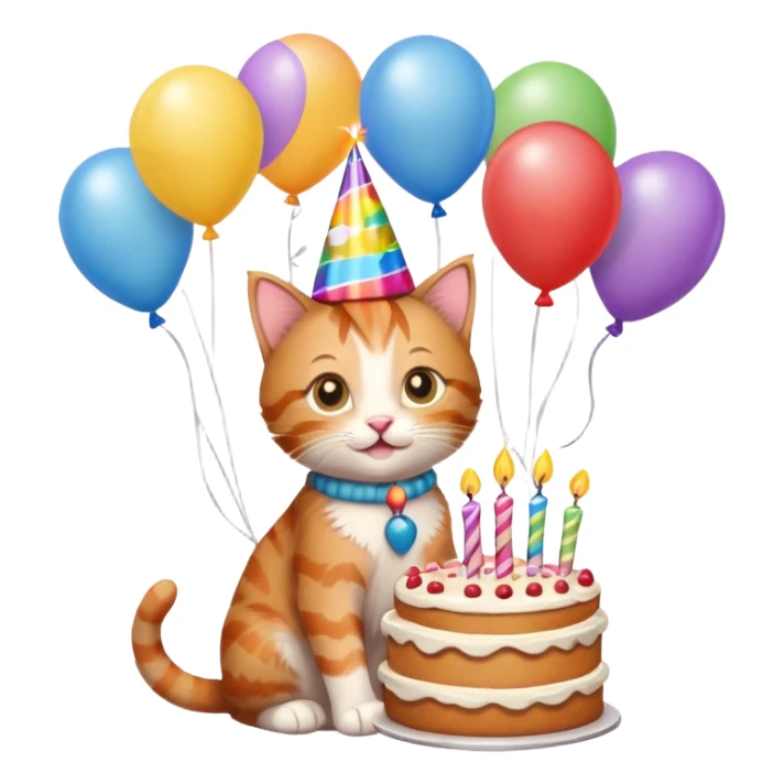 Ginger tabby kitten celebrates birthday, birthday hat, birthday cake, balloons, happy, gifts sticker