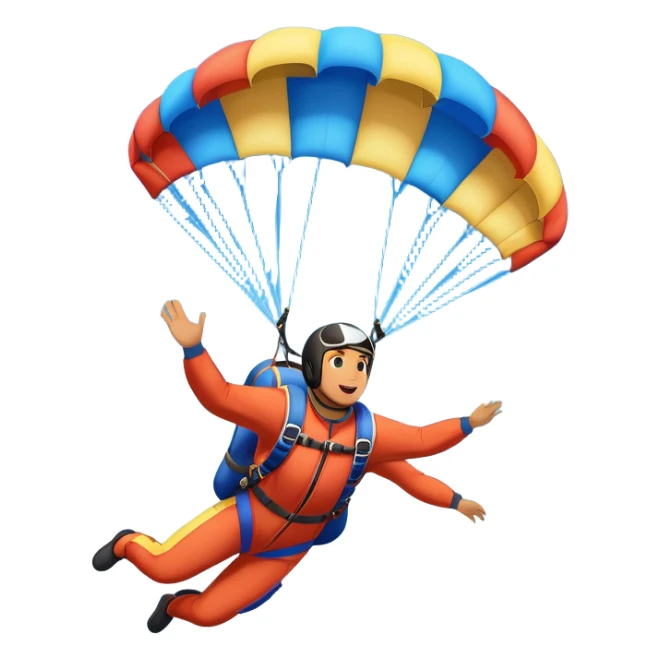 A skydiver free-falling through the sky, with a brightly colored parachute open above them. The background features a vast blue sky dotted with fluffy clouds, birds soaring nearby, and a plane flying off in the distance, emphasizing the thrill and freedom of the sport. sticker