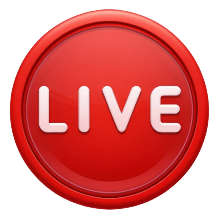 "LIVE" text badge, bold white letters on neon red rounded rectangle background, soft red glow, modern broadcast indicator style, Twitch/YouTube live aesthetic, black background sticker