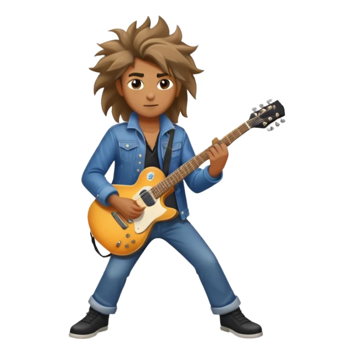 Super strong rockstar on the guitar while being shined on by a massive spotlight with his hair blowing and a cool aura sticker