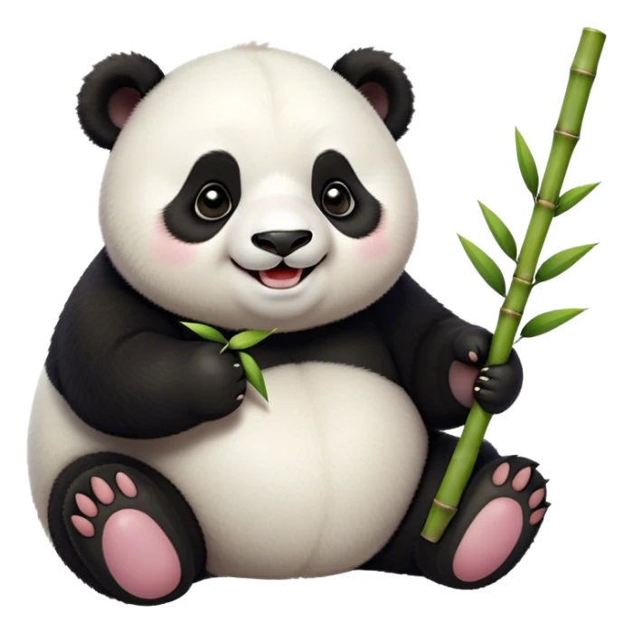 Cinematic smiling chubby panda, fluffy black and white fur, round rosy cheeks, tiny paws holding a bamboo shoot, sparkling eyes full of joy, soft glowing background, irresistibly huggable. sticker
