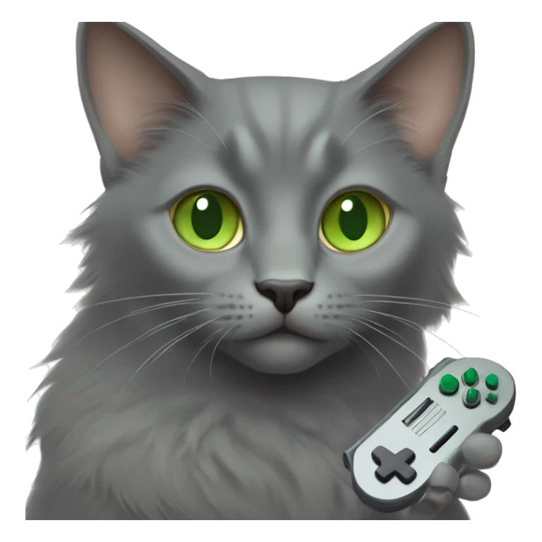 dark gray nebelung cat with light green eyes holding a video game controller sticker