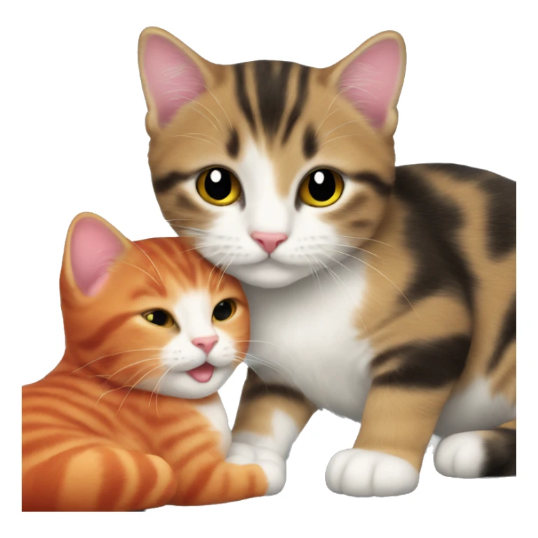 A small tricolour kitty playing with a big red cat sticker