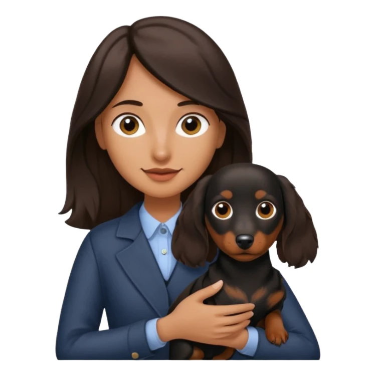 A dark brown long haired a lil bit wavy hair holding a daschund dog black sticker