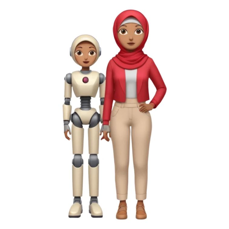 Heavy-set woman with medium-brown skin wearing a light red hijab, cream top, light red pants, tan shoes, and a grey robot leg. Standing confidently with one hand on her hip sticker