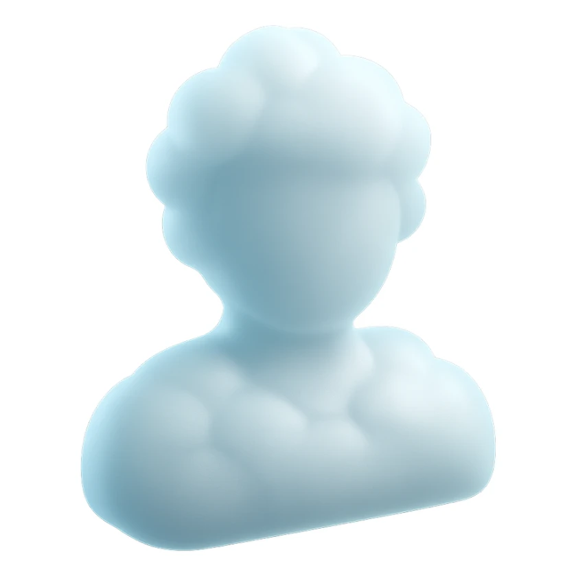 front view, person made of white fluffy clouds, shoulder up, matte glass style sticker