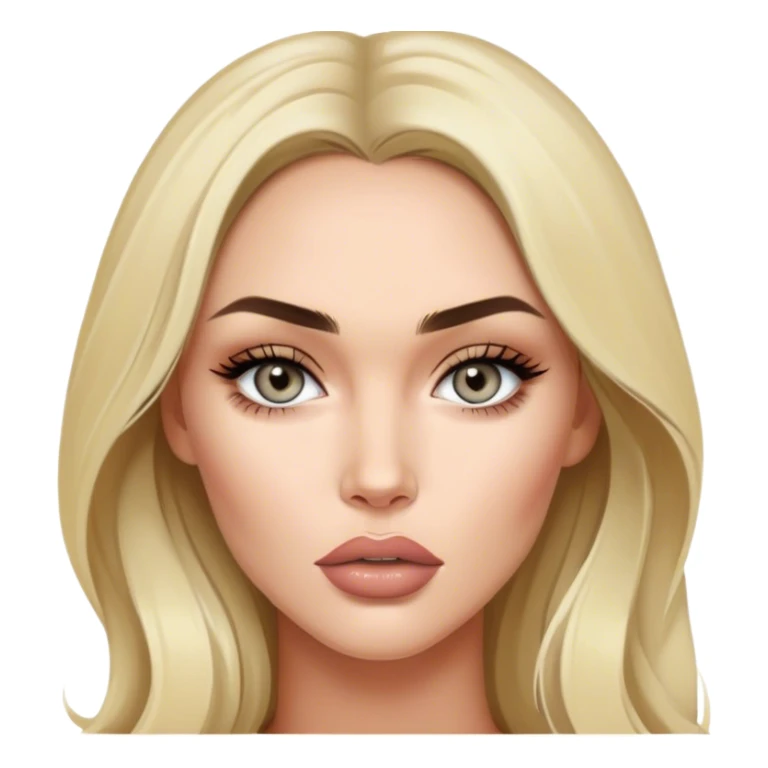 A young blonde Megan fox with nude lipstick on and grey eyes sticker