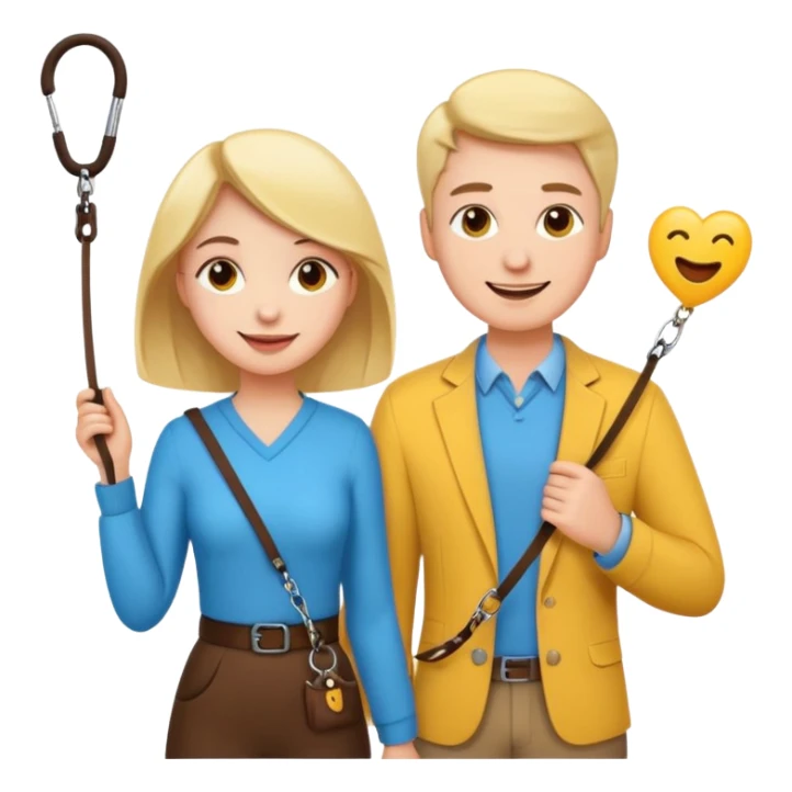 a woman confidently holding a leash attached to a man, playful and lighthearted scene, emoji style, no background sticker