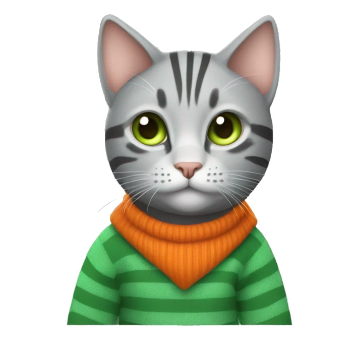 A striped grey cat with green eyes with orange sweater in full growth sticker