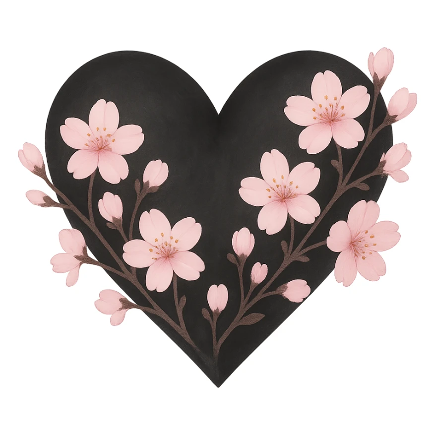 goth sakura heart, soft pastel gradient, black heart with delicate pink sakura, dreamy and gentle sticker