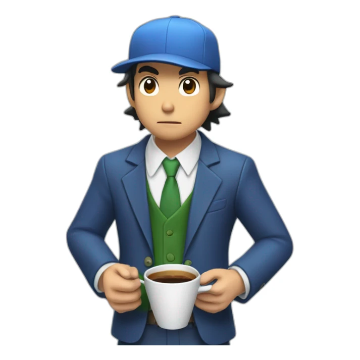 ash ketchum with a suit, holding a coffee cup, and whistling sticker