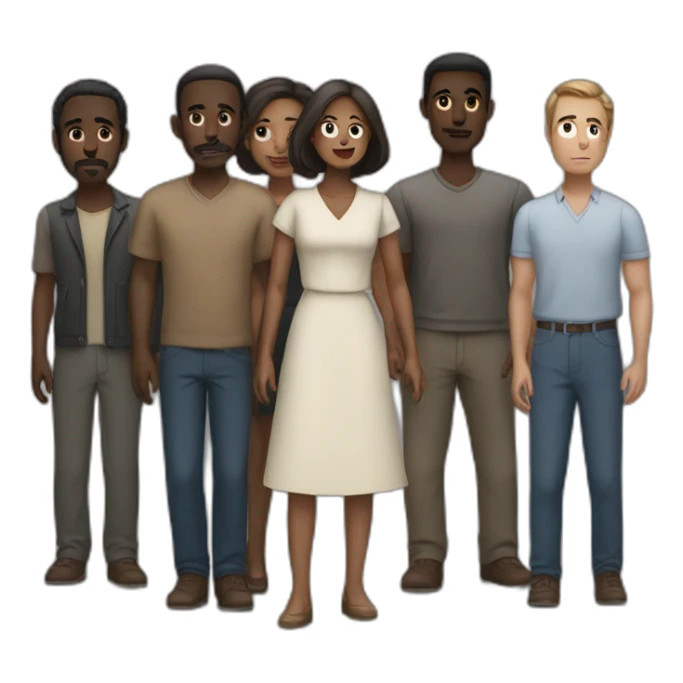 six dark-skinned men stand behind a pale woman sticker