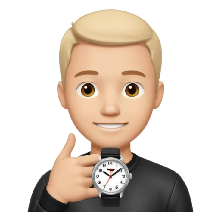 man wearing a black strap watch portrait, head and shoulders only, round face, soft jawline, friendly smile, black leather strap watch visible, 3D cartoon, mobile game icon style, clean background, no text, no watermark sticker