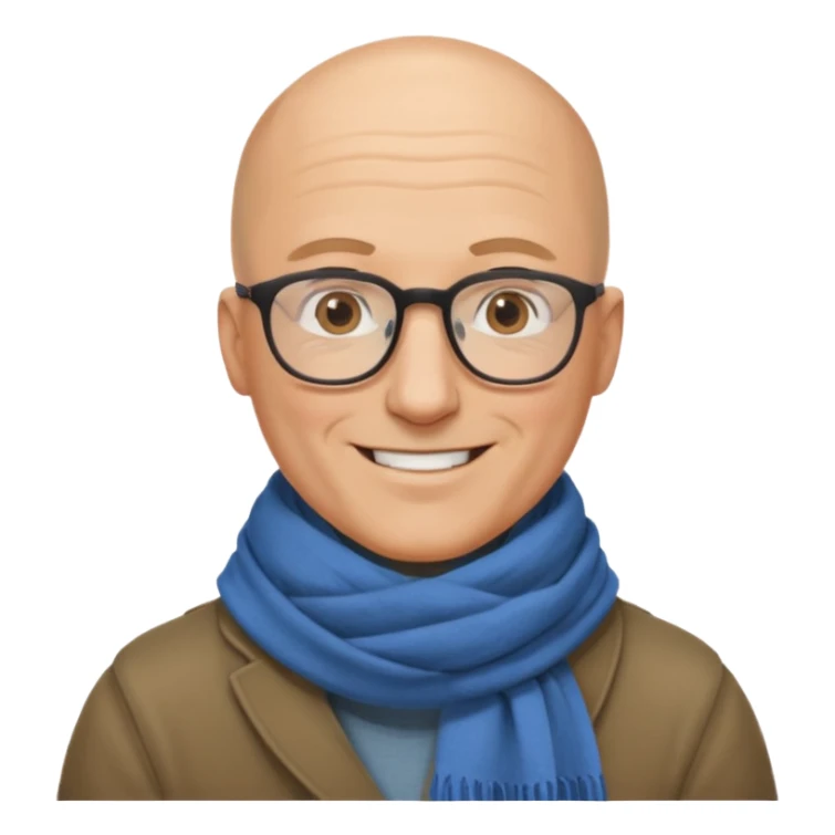 middle aged man, bald, wearing glasses and a scarf, friendly smile sticker