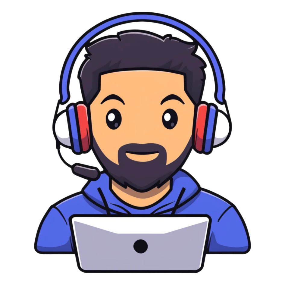 laughing man with black hair, brown eyes, black beard wearing gaming headset sticker