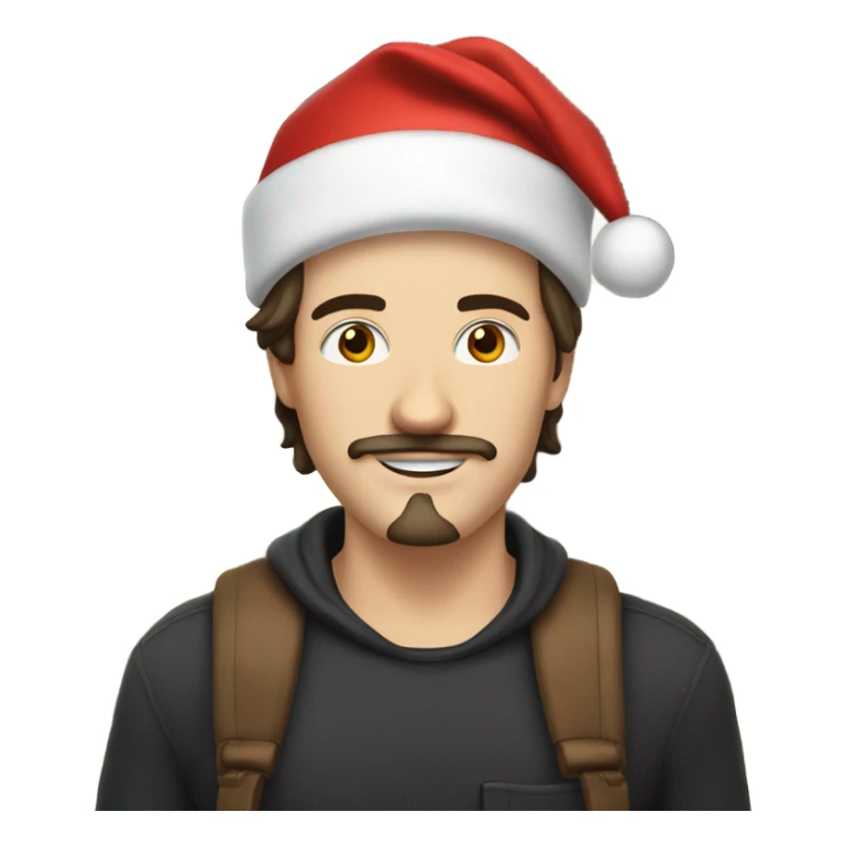 white guy 25 years old dark hair with a small moustache and small beard, with a christmas santa h sticker