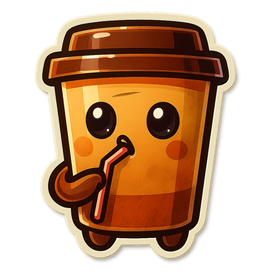 Tall coffee cup, intrigued, drinking, watching sticker